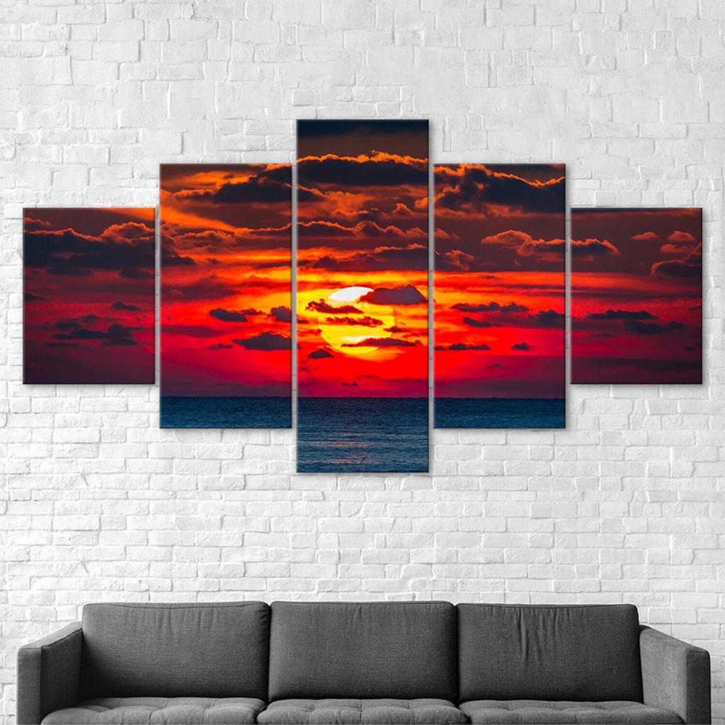 Ocean Sunset Red Sky Canvas 5 Piece Five Panel Wall Print Modern Art Poster Picture Home Decor Gift For Him For Her