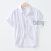 L990 Men's Minimalist Cotton Linen Square Neck Short Sleeve Shirt, Solid Color