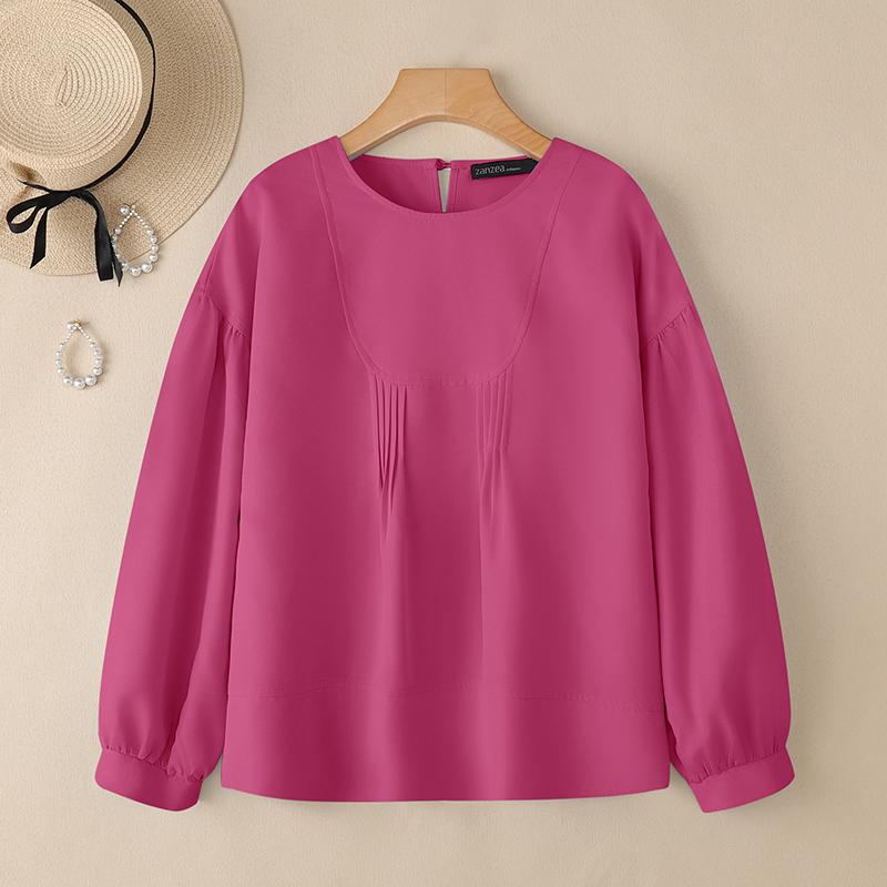 ZANZEA Women Casual Round Neck Solid Color Long Sleeve Blouse