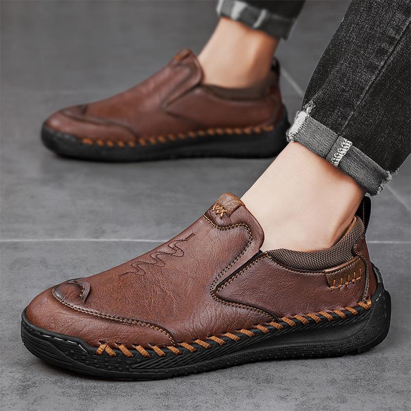 Men's Shoes Foreign Trade Large Size Hand-stitched Casual Shoes Soft Sole Wide Head Business Leather Shoes Men's One-pedal Doudou Shoes