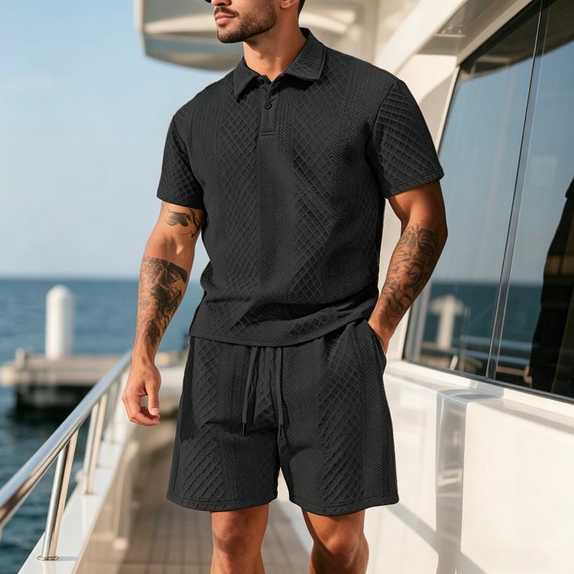 2026 Summer Fashion Sports Style Short Two Piece Set Men's Casual Solid Color Jacquard Short Sleeves Pullover POLO Shirt Shorts 2 Piece Sets