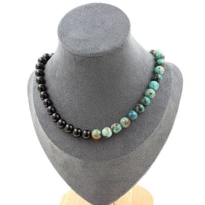 Stones and Minerals. Namibian Chrysocolla Pearl Necklace Quality 7A + Black Agate 8 Mm. Necklace Women, Men. Custom Size