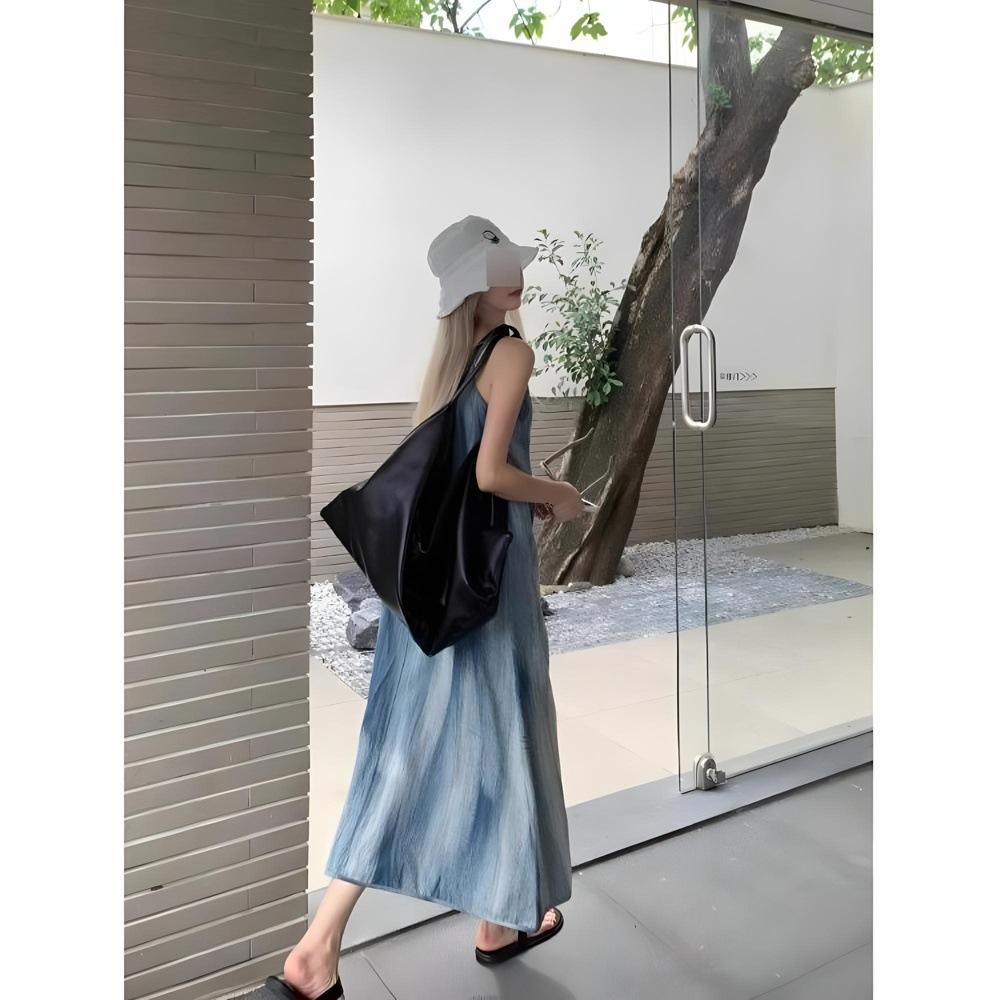 Vintage Blue Smudge Suspender Dress Women's Summer Seaside Loose Beach Dress Wear Holiday Lazy Dress