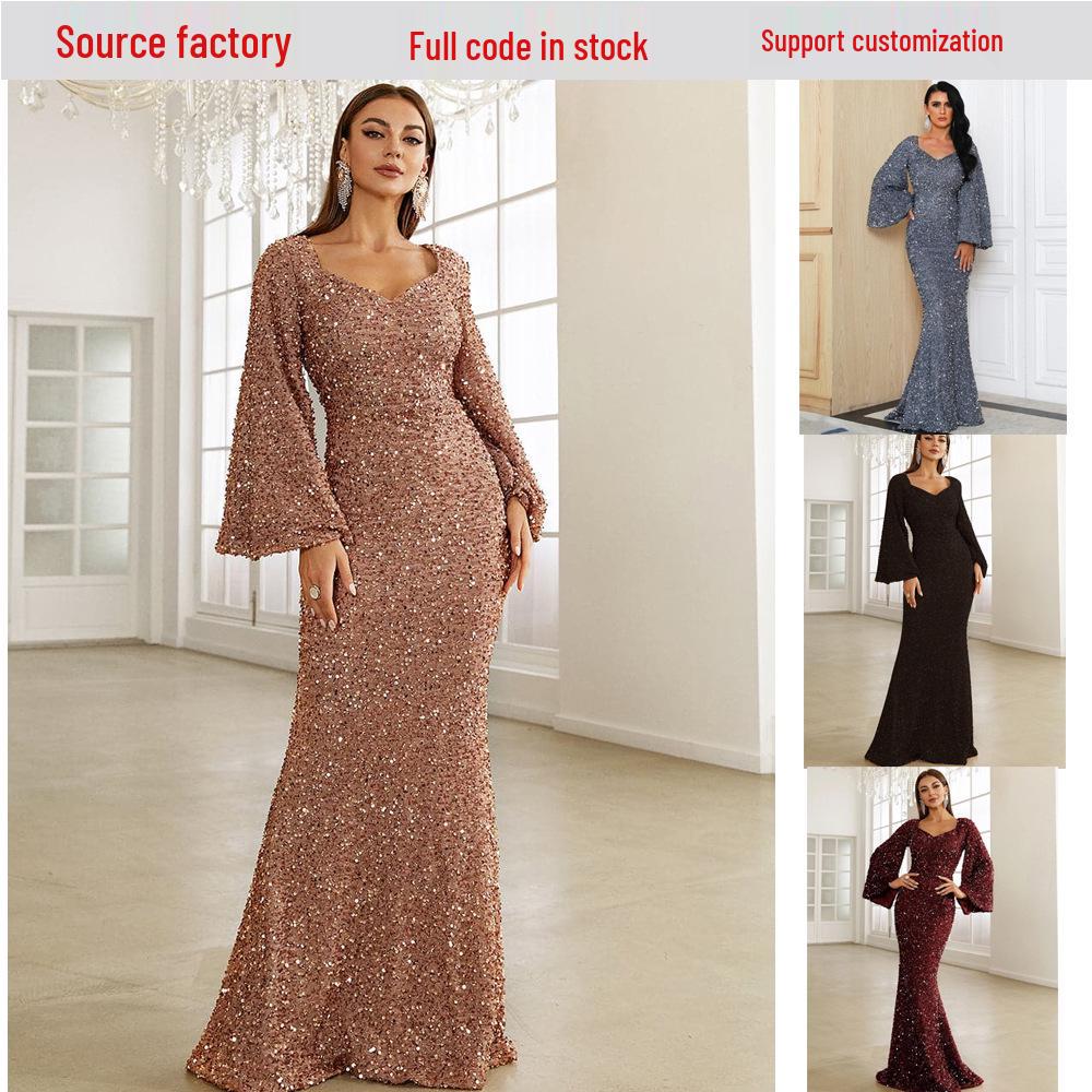 2025 V-neck Sequined Trumpet Sleeve Evening Dress