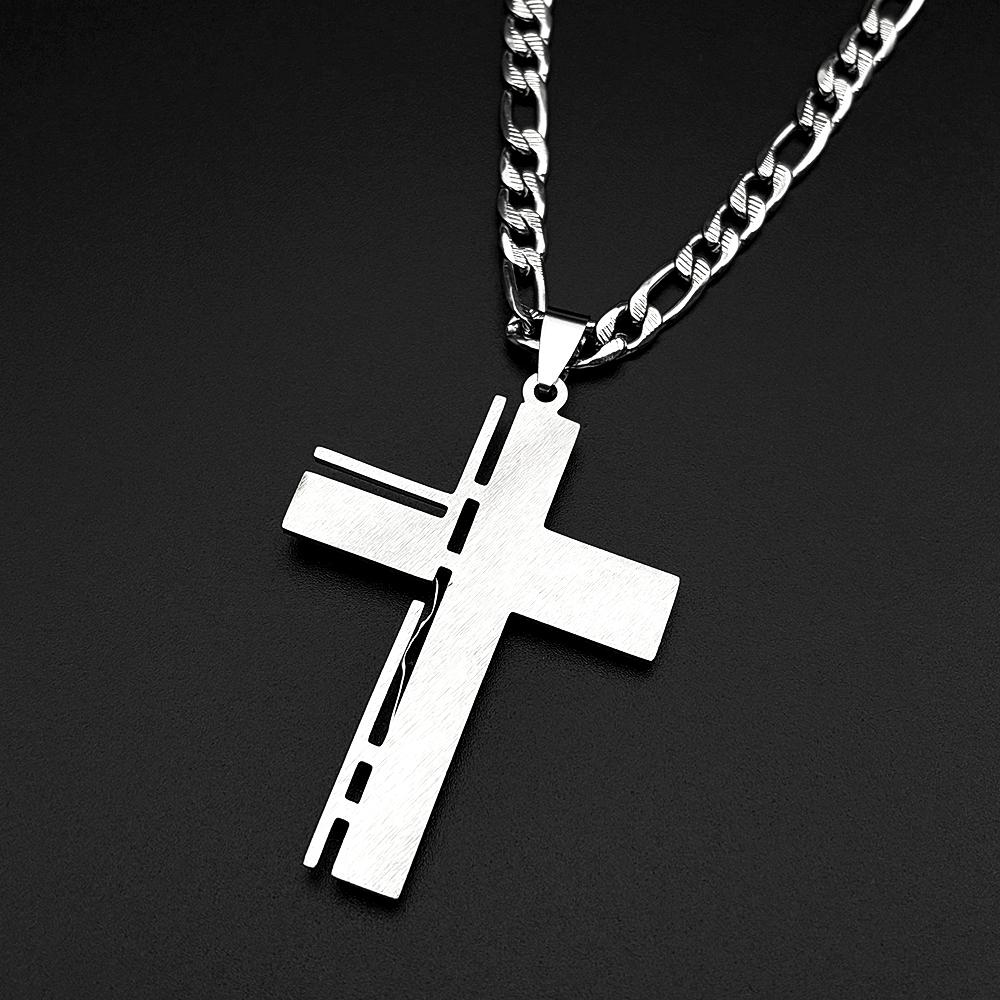 Jesus Kreuz Kruzifix Anhänger Halskette für Männer Edelstahl Goldfarbe Christlich Spanisch Vaterunser Figaro Kette Schmuck