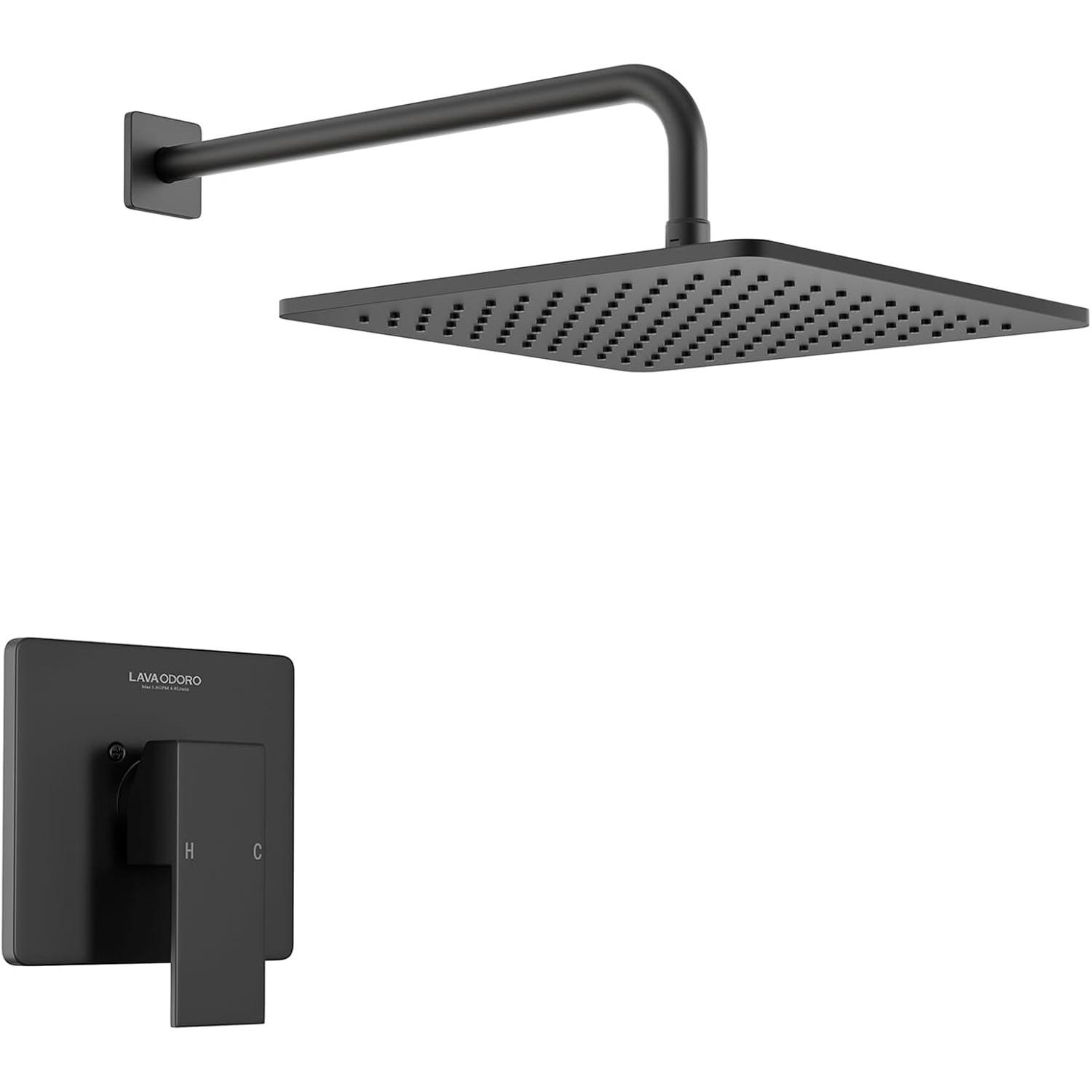 12-inch Modern Square Shower Faucet Set Matte Black, Shower Trim Kit with Rough-in Valve High Pressure Black Rainfall Shower Head and Handle Set чёрный