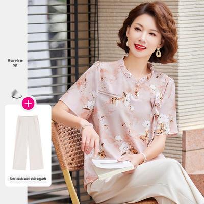 Pastel Mom's Summer Casual Chinese Style Chiffon Printed Top & Pants Set