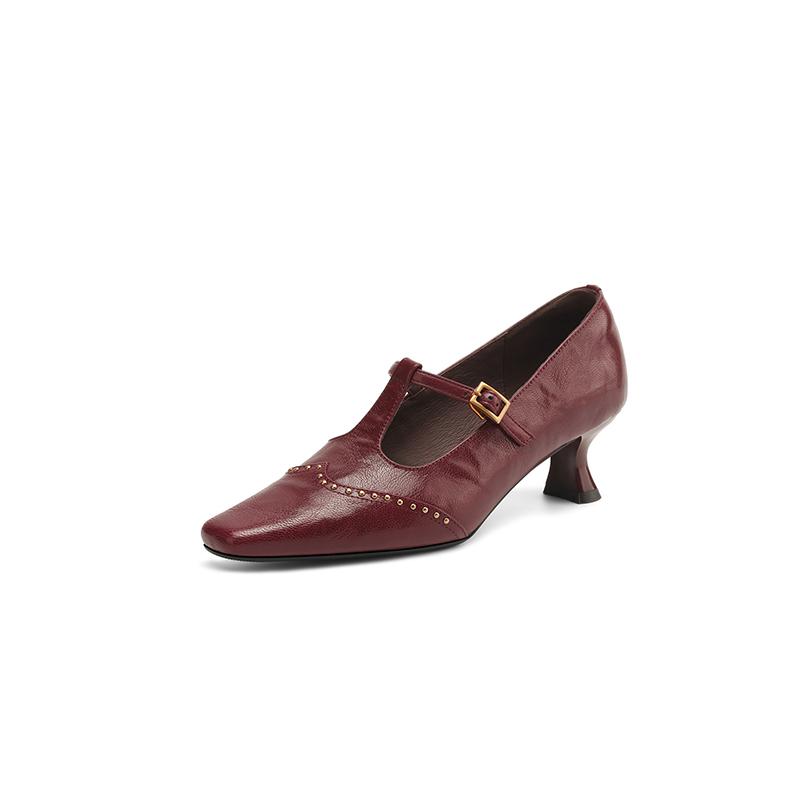 Fashion New Spring/Summer Genuine Leather Women Pumps Shoes for Women Fashion Rivet Square Toe Mary Jane Shoes Women Handmade High Heels