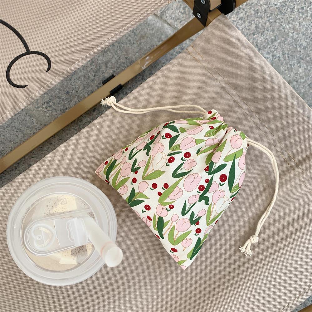 Adorable Tulip Drawstring Storage Bag Trendy Canvas Makeup Organizer Small Tote