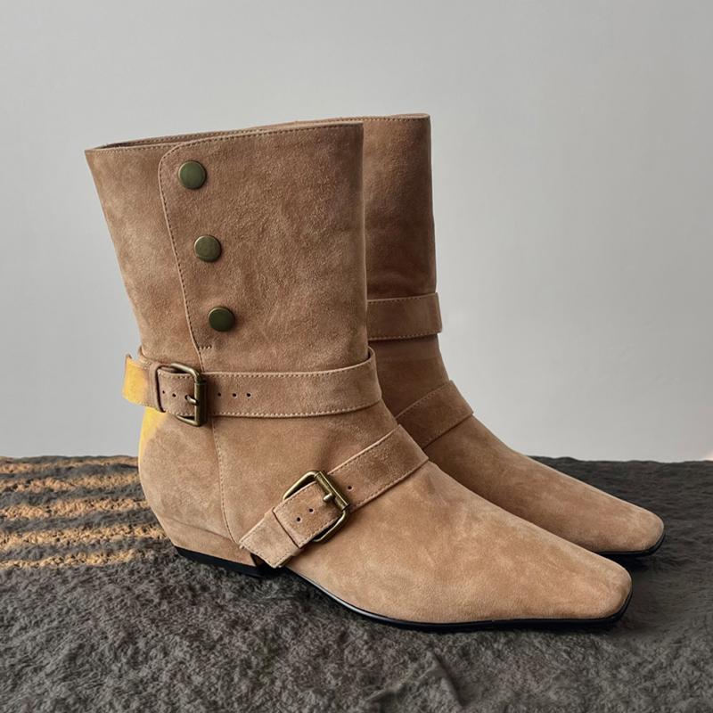 

Fashion French Vintage Two Wears Khaki Fur British Style Small Booties Women Autumn and Winter 42