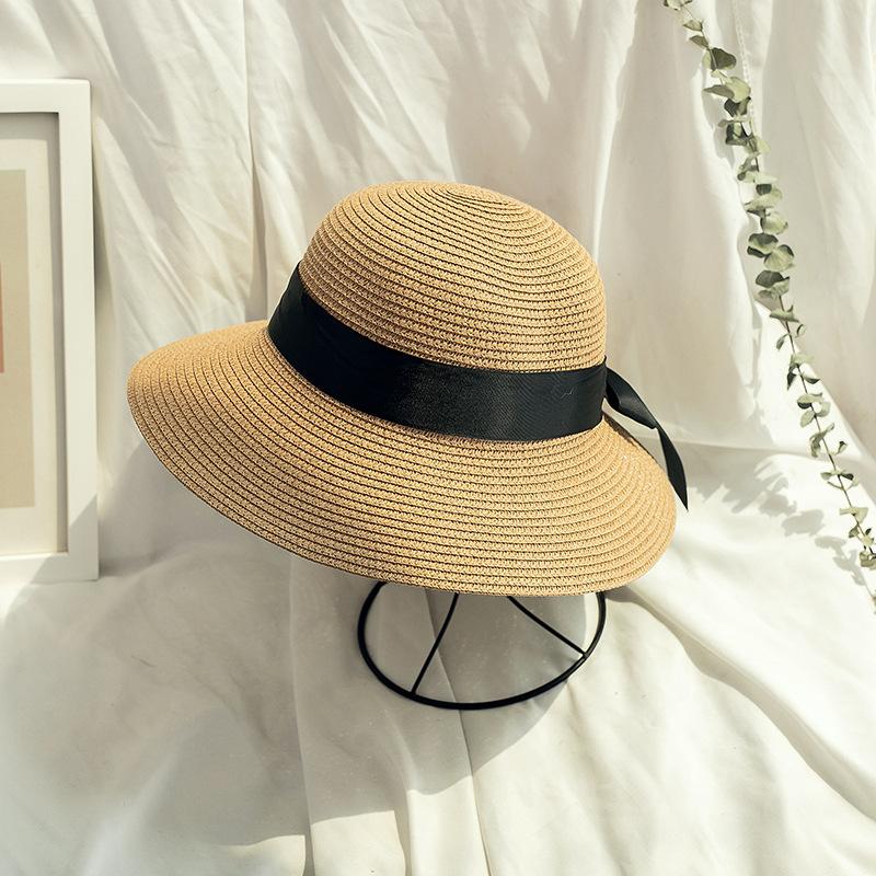Women's Boho Bowknot Straw Hat, Simple Solid Color Wide Brim Sun Hat for Outdoor Travel and Beach, Elegant Summer Accessory for Daily Use