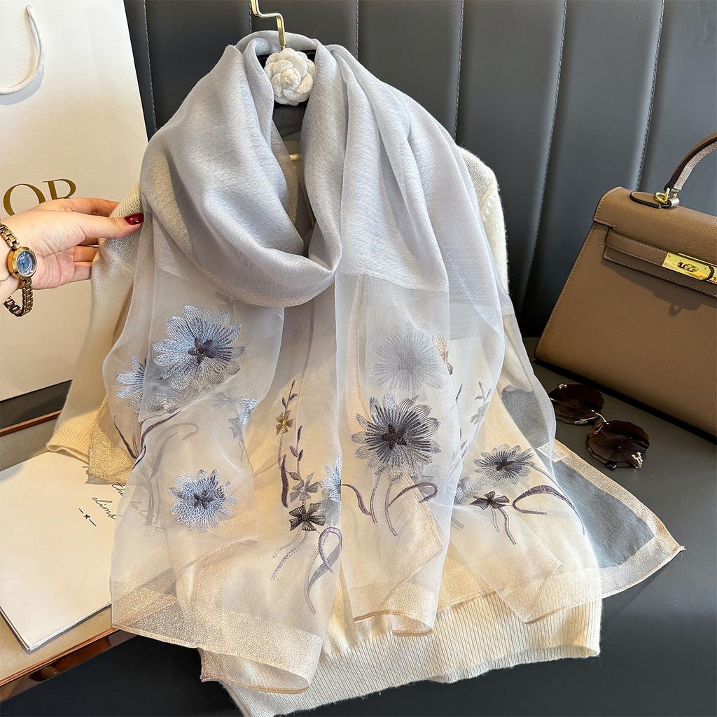 Long Silk Wool Scarf Shawls and Wraps for Women Floral Embroidery Bufandas Pashmina Neck Poncho Scarves Headband Hijab Bandana