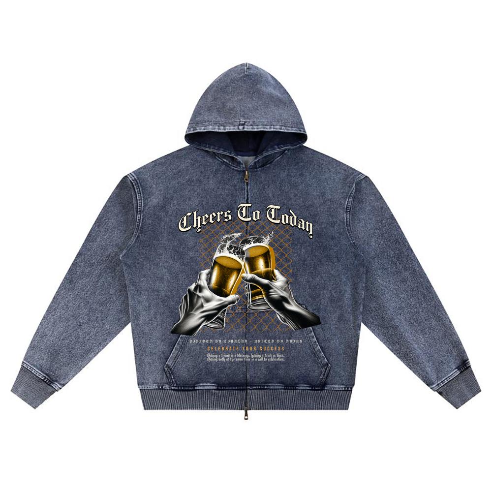 

DTG print Knitted Denim Zip-Up Hoodie Cheers To Today Brother Print Zipper Hoodies XL темно-синий