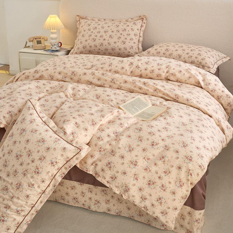 Fresh & Simple Pure Cotton Four-Piece Printed Dorm Set – Includes Three-Piece All-Cotton Bed Sheet, Bed Skirt, and Bedding Set.