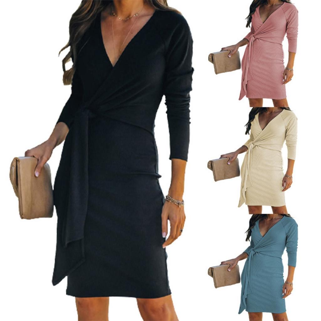 Women's European American Style V Neck Ribbed Bodycon Sexy Fashion Belted Dress, Hot Selling for Casual Party Daily Wear