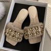 French Rhinestone Buckle Plush Slippers Women's 2026 Spring Autumn New Square Toe Open Toe Slides Sandals for Women Fashion