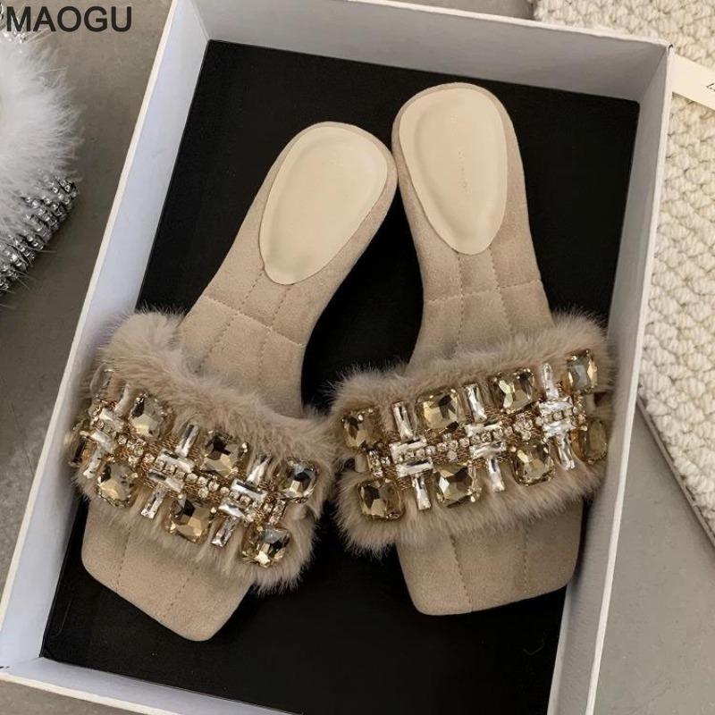 French Rhinestone Buckle Plush Slippers Women's 2026 Spring Autumn New Square Toe Open Toe Slides Sandals for Women Fashion