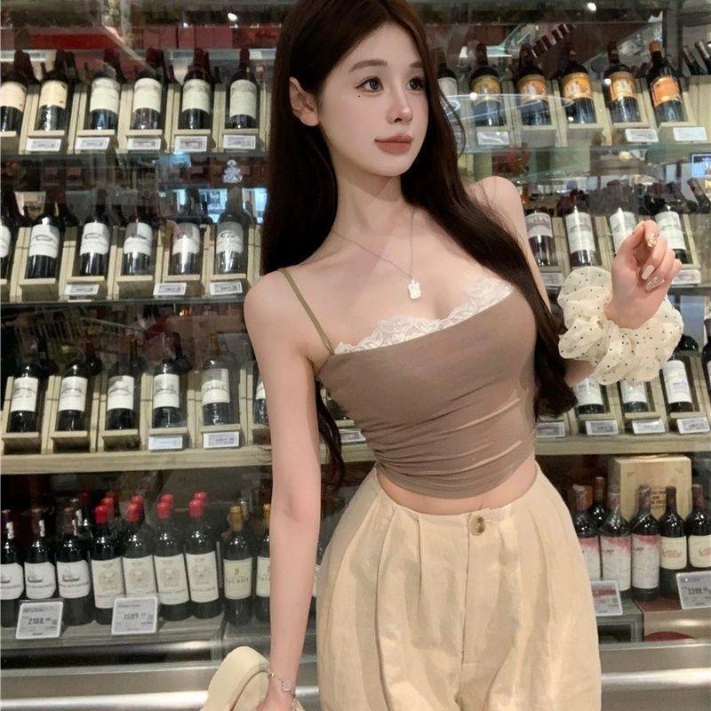 

Женская летняя кружевная майка, короткий жилет с оборками, пэчворк, облегающий крой, подкладка, горячая девушка, нагрудные подушечки, сексуальный топ L хаки