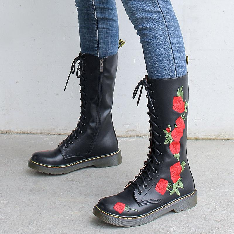 New Fashion Women's Leather Boots Embroidered Mid-tube Boots Street Casual Walking Shoes Martin Boots