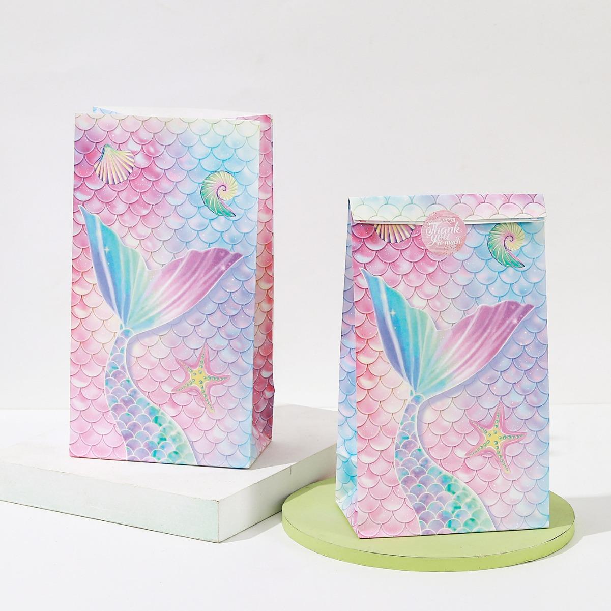 

10 шт., бумажный пакет для конфет в виде русалки на морскую тематику, упаковка для конфет и закусок, подарочный пакет для вечеринки по случаю дня рождения девочки, принадлежности 24x13x8cm