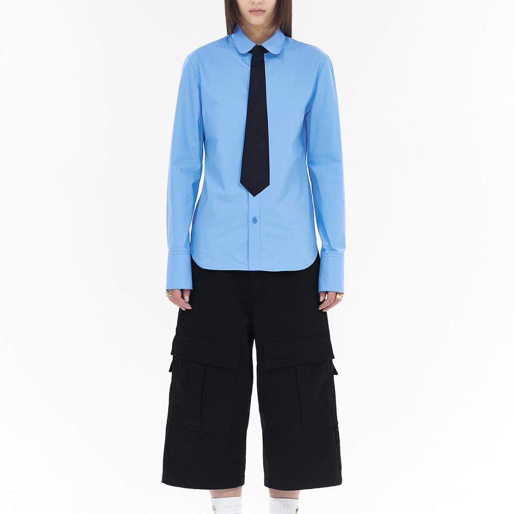 WE11DONE Curved Hem Button Solid Color Long Sleeve Shirt Women shirts Blue WD-SH0-25-152-W-BL