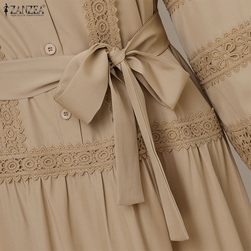ZANZEA Women Casual Turn Down Collar Long Sleeve Elegant Lace Splice Long Dress