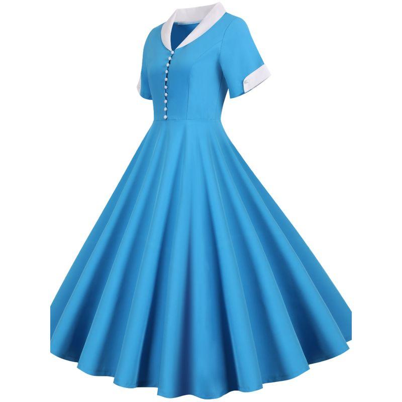European Station Summer New Single-Breasted Blue Short Sleeve Suit Collar Pure Color Casual Swing Dress Female Dress