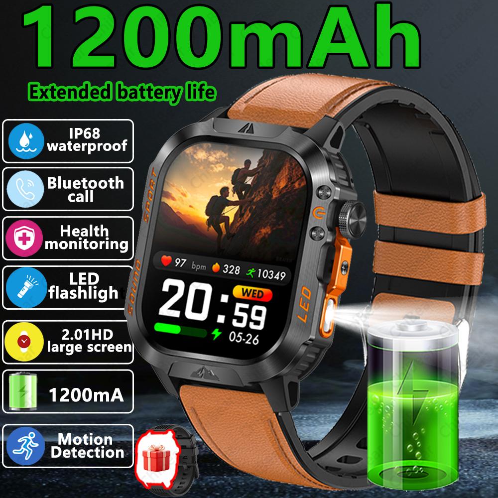 New 1200mAh Large Capacity Battery Smart Watch Men Outdoor Flashlight 3ATM Waterproof Sports Fitness Bluetooth Call Smartwatch