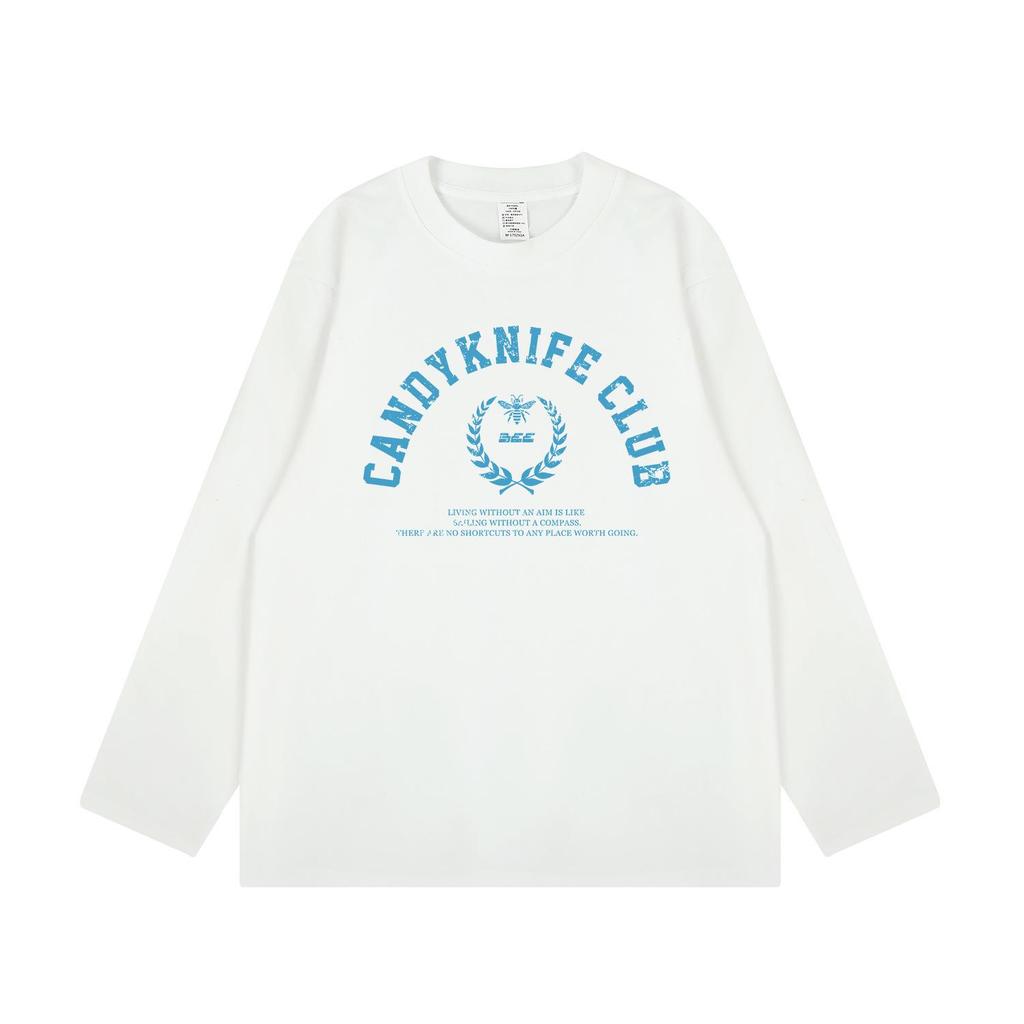 Trendy Korean Style Retro Letter Print Long Sleeve Cotton T-Shirt