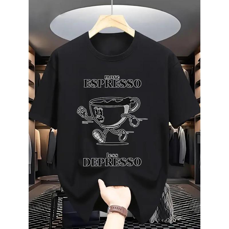 European sizes Men S  Drink More Coffee, Less Depression  Graphic T-Shirt | Casual Street Style Short Sleeve Crew Neck Top S чёрный