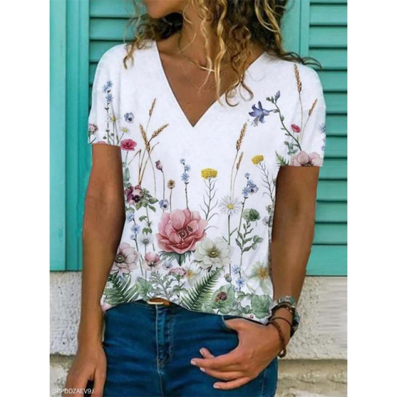 Summer 3D Digital Printing Short Sleeve V-Neck Women'S Loose Women'S T-Shirt