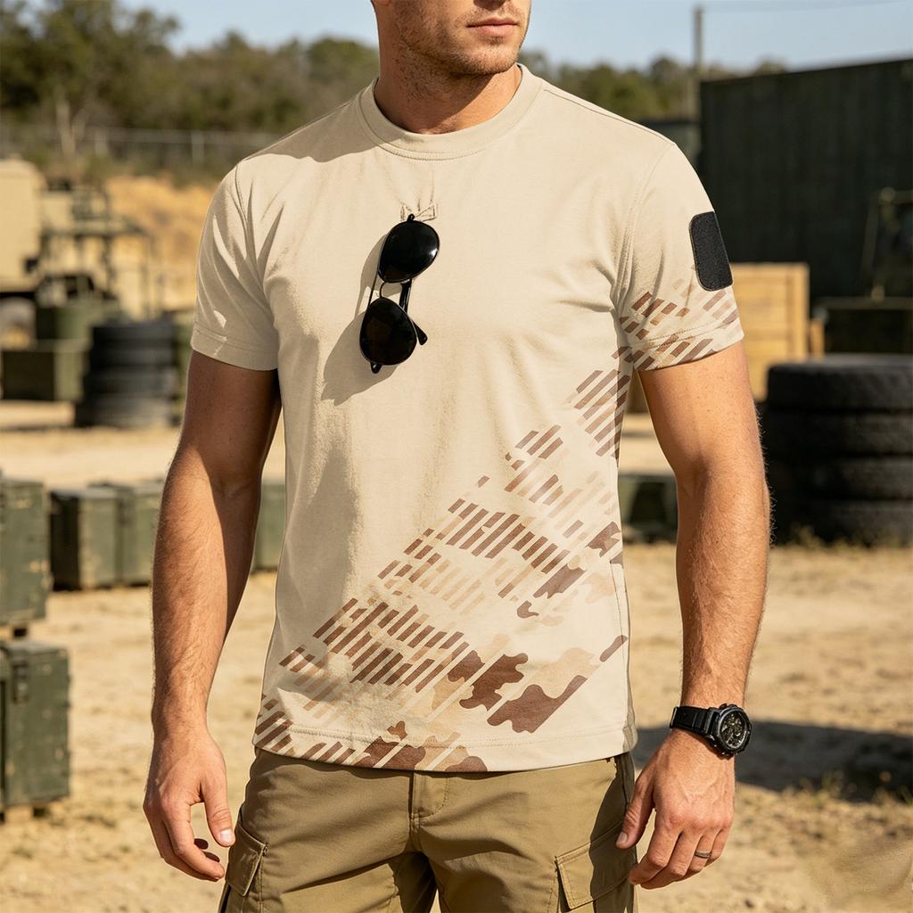 Men's Tactical Outdoor Quick Dry T Shirt Loose Fit Round Neck Breathable Short Sleeve Camouflage Print with Hook and Loop Patch Area