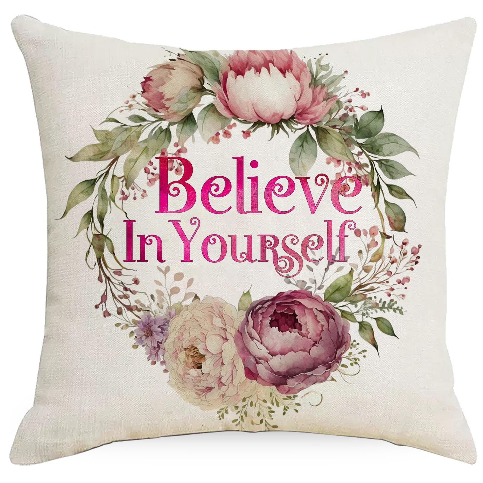 

Inspirational Text Floral Print Pillow Cover New Letter Pillow Pillow Cover Festive Ornament Premium Durable Quality 45 * 45Cm