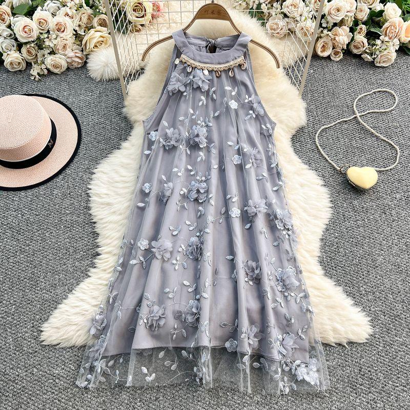 

Super Nice Unique Beautiful Three-Dimensional Flowers Sleeveless Hanging Neck Dress Women Summer Holiday Style Loose Slimming Long dress Grey All yards