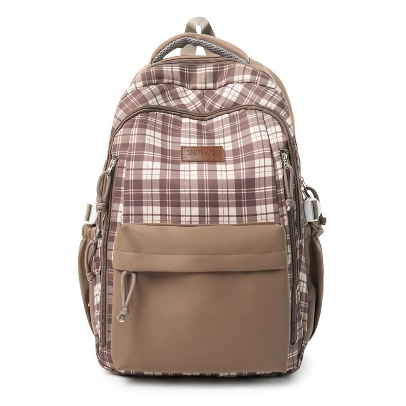 Nylon Plaid Backpack Women's Fashionable Casual School Bag Lightweight Travel Rucksack with Multiple Pockets