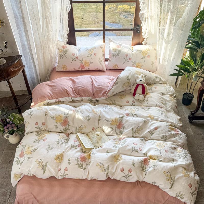Class A Bamboo Cotton Double Layer Soft Four-Piece Floral Gauze Set for Mothers & Babies - Includes Student Dormitory Three-Piece Set