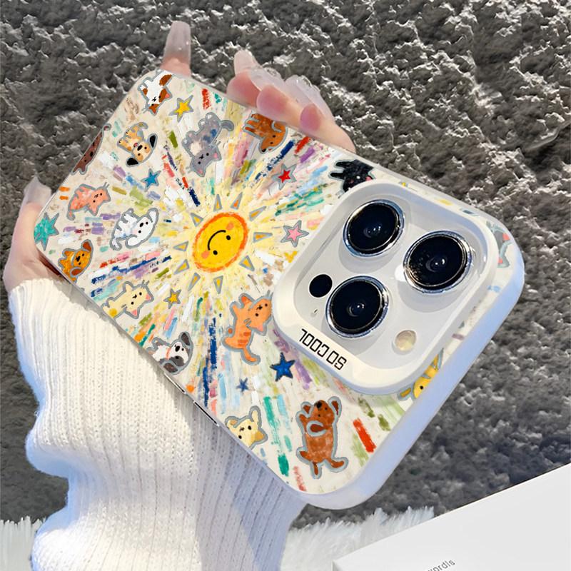 Cartoon Frosted Silver Phone Case for Apple 14/15/16/17 Pro/Pro Max/Plus, Sun Cat & Dog Design
