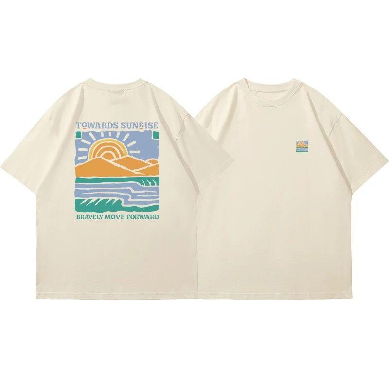 New American Retro Sun Mountain Sea and Sunrise Short-sleeved T-shirt with A Trendy and High-end Look Tops High Street Unisex