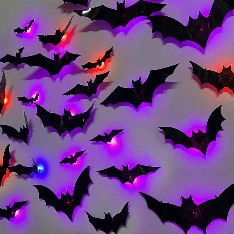 24PCS Eerie Bat/Spiders Shape Wall Sticker With LED Light Effect Mysterious Halloween Atmospheres Accessories