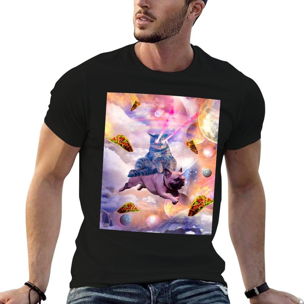 Cosmic Laser Cat Riding Unicorn Pug Tshirt Large Size Soft Cotton Tshirt