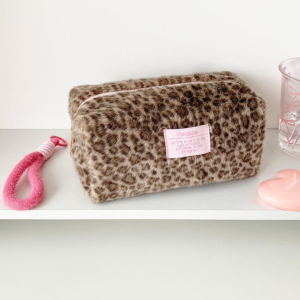 Leopard Print Plush Makeup Bags with Handle Portable Travel Cosmetic Storage Bag Toilet Bag Cute Pencil Case Fashion Handbag