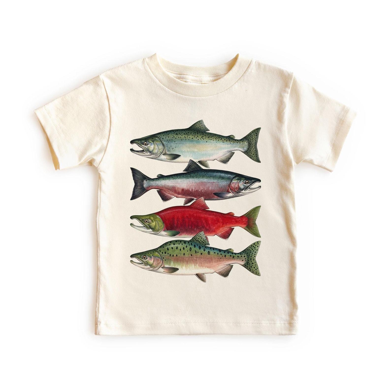 Salmon Fish Species In A Row: Chinook, Coho, Sockeye, Pink Flyfishing Unisex, Adult, Youth T-Shirt 100