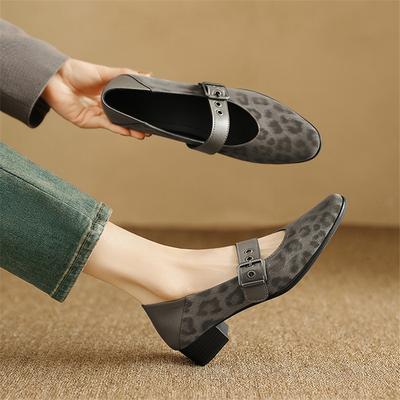 Fashion New Spring/summer Mary Jane Shoes Genuine Leather Shoes for Women Fashion Leopard Print Round Toe Shallow Women Pumps Low Heels