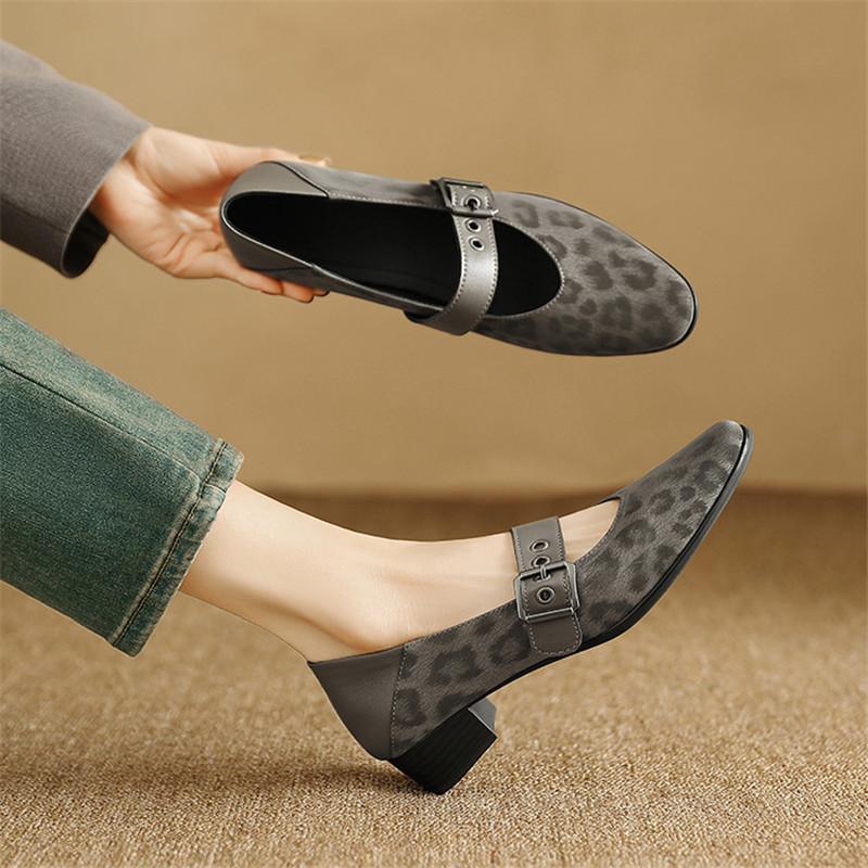 Fashion New Spring/summer Mary Jane Shoes Genuine Leather Shoes for Women Fashion Leopard Print Round Toe Shallow Women Pumps Low Heels