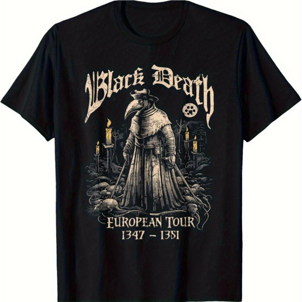 Black Death Europa Tour T-Shirt Mittelalterlicher Pestdoktor Böhmische Charti Grafik Lockerer Schnitt Lässig