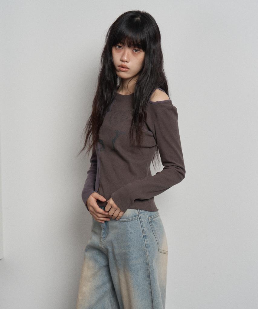 Half And Half Print T-Shirt Grayish Purple