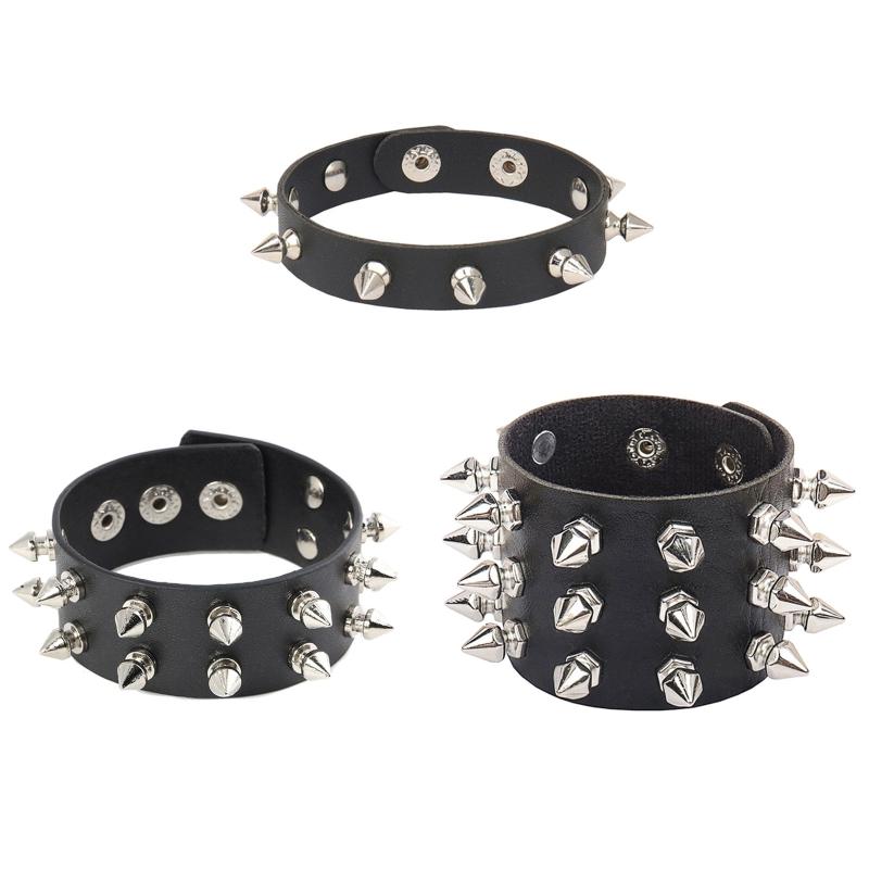 Spiked Studded Bracelet Black Leather Rivets Punk Bracelet Cuff Wrap Bangle Metal Snap Button Wristband for Men Women
