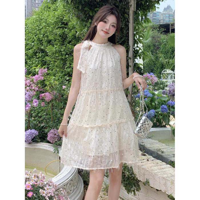 French bow tie neck dress women s summer French small temperament sleeveless princess doll skirt S