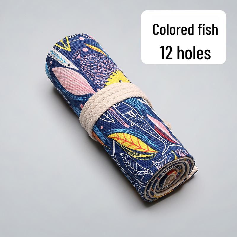 Colorful Fish Canvas Pencil Case - 36/48/72 Holes Roll-up, Large Capacity, Stationery Bag