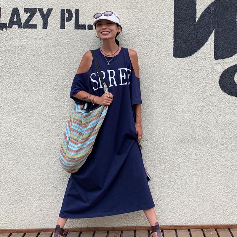 Plus Size Women's Summer Off-shoulder Loose Dress Letter Printing Casual Long T-Shirt Dresses